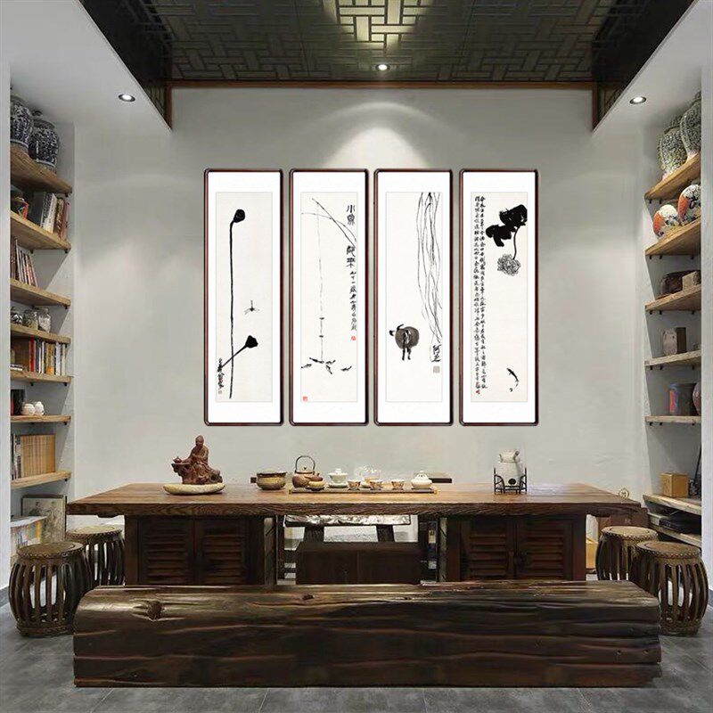 齐白石四条屏国画水墨画中式客厅沙发背景墙字画酒楼茶室禅意挂画
