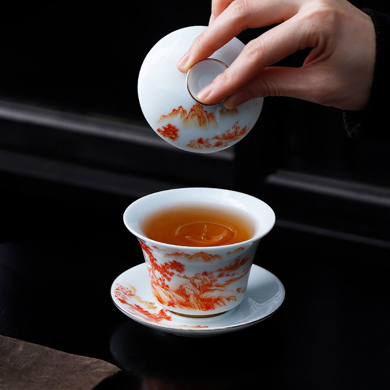高档青花三才盖碗单个功夫茶茶杯茶盏手工陶瓷泡茶大号不烫手茶具