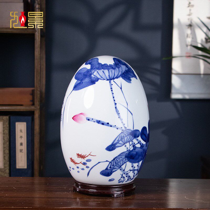 景德镇陶瓷花瓶手绘青花瓷荷花家居客厅玄关富贵蛋创意装饰品摆件