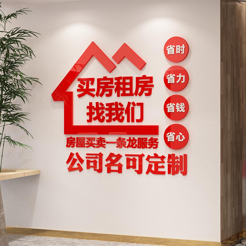 房地产中介前台励志标语墙贴纸广告玻璃门店布置文化公司背景3d