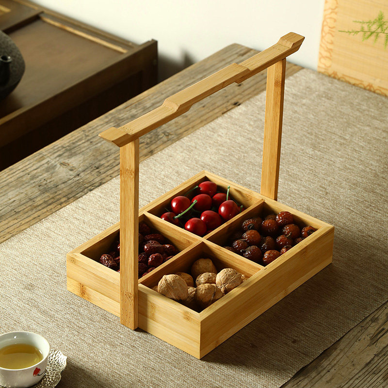 竹制品手提盒中式简约食盒茶具收纳盒多格糕点盒果盘点心盘干果盒
