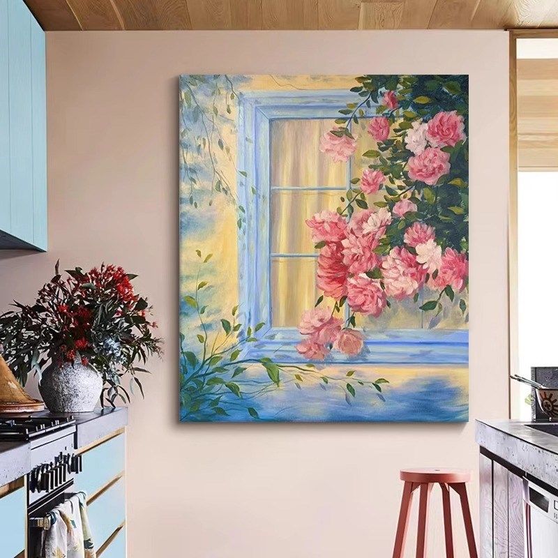 治愈系手绘玄关装饰画客厅牡丹花卉挂画肌理油画暖色风景壁画无框