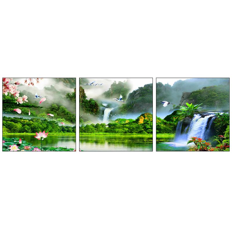 客厅装饰画三联沙发背景墙壁挂画高档冰晶玻璃流水生财山水风景画