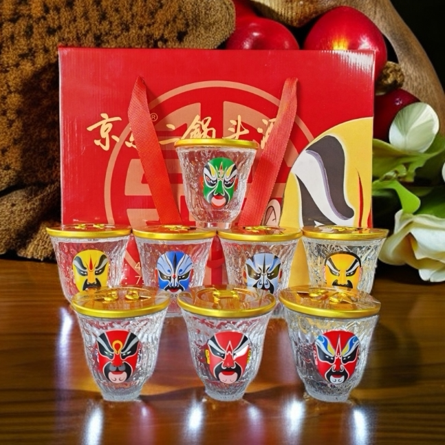 京剧脸谱玻璃杯套装中国风白酒杯礼盒装网红小口杯46度二锅头白酒
