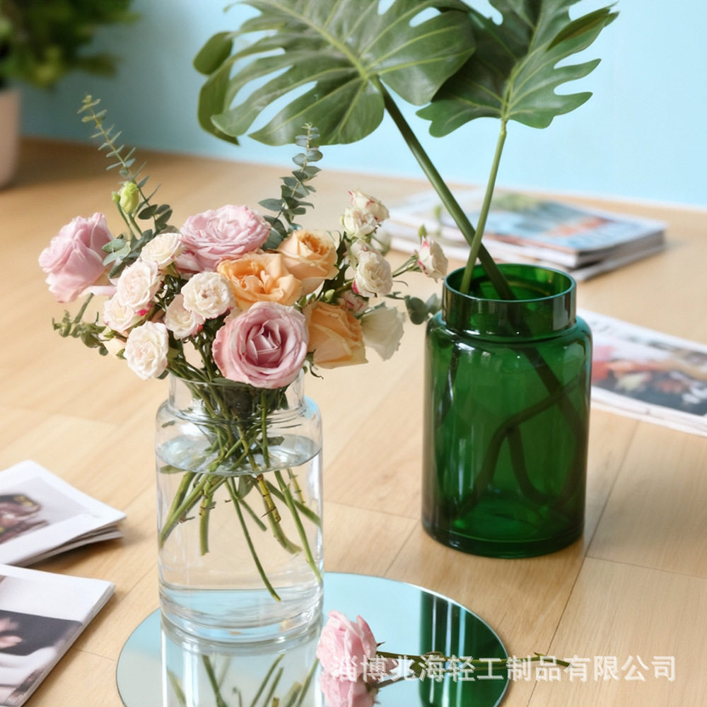 加厚祖母绿色玻璃花瓶插花轻奢高文化创意文具