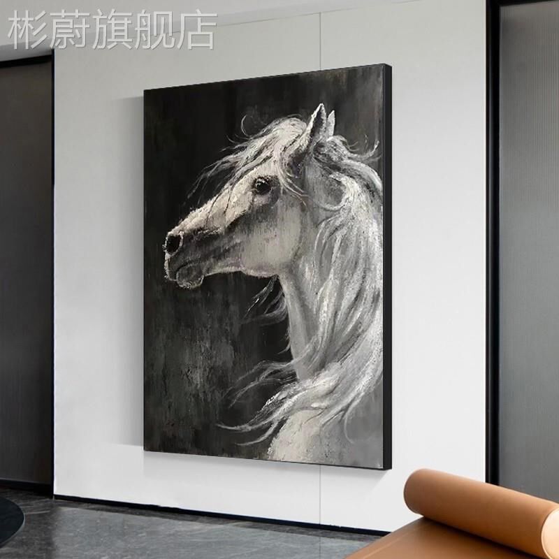 网红手绘黑白走马油画厚油玄关装饰画客厅沙背发景墙挂画竖版廊壁