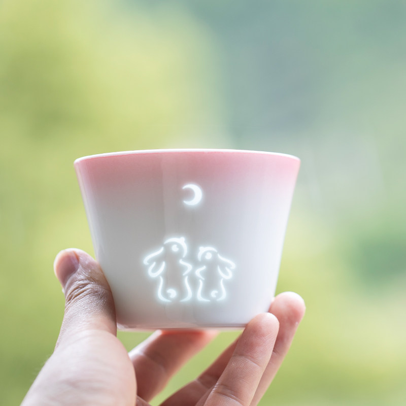 山水间玉兔望月玲珑杯咖啡杯全手工陶瓷茶杯水杯家用高颜值礼品杯