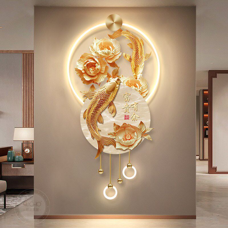花开富贵玄关装饰画轻奢牡丹花锦鲤鱼入户走廊过道挂画高级感壁画