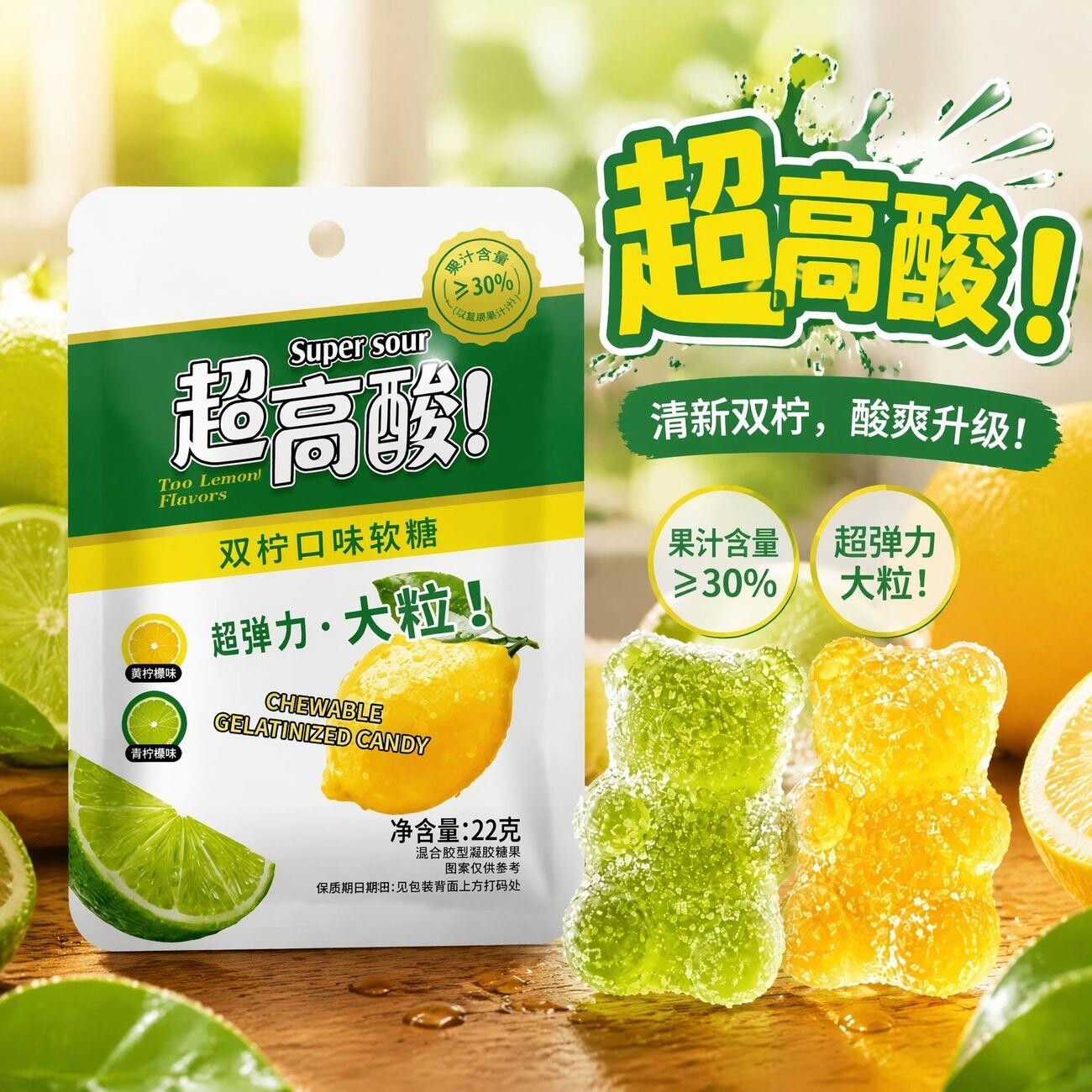 超高酸软糖双柠口味大颗粒Q弹果汁软糖休闲解馋儿童糖果零食