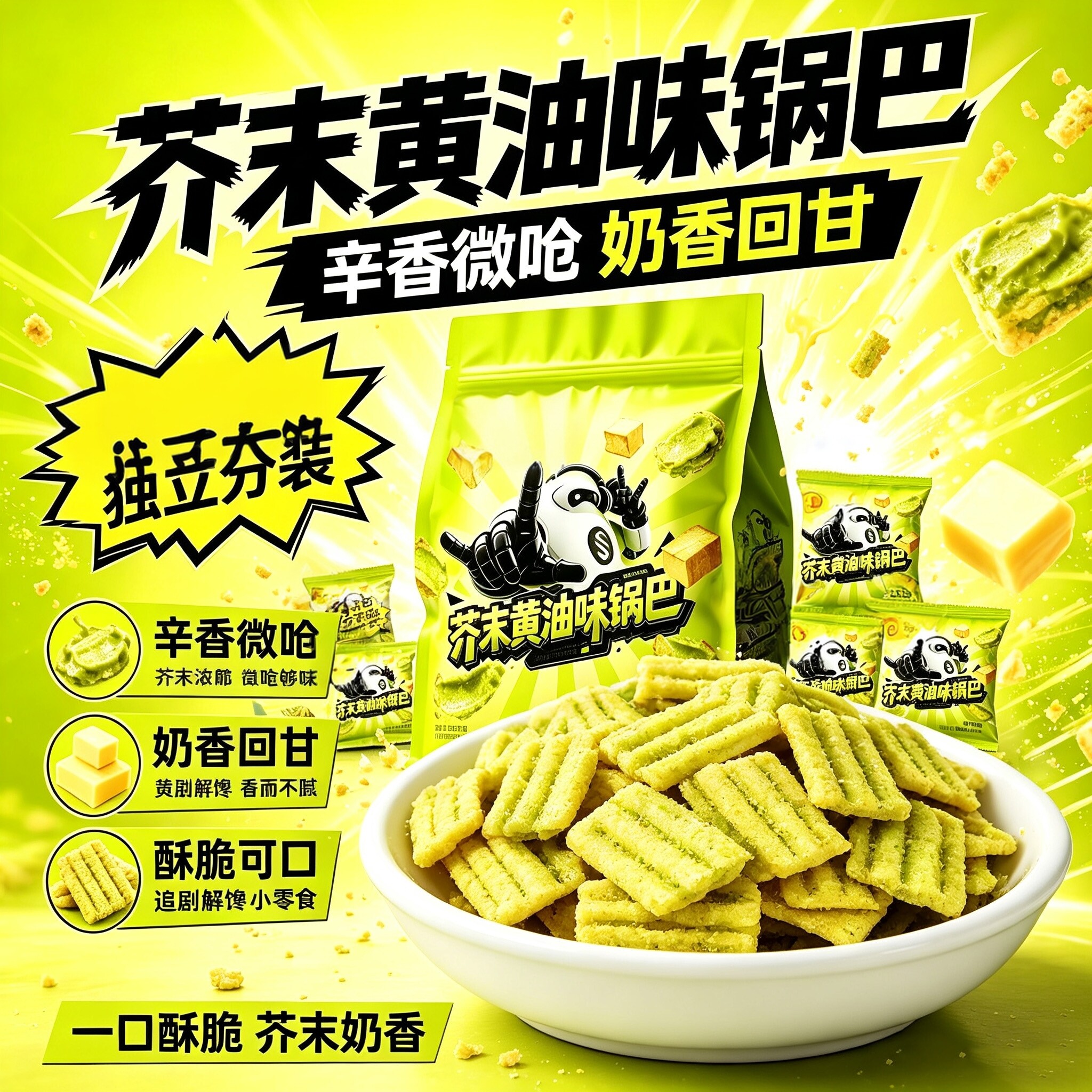 芥末黄油味锅巴独立小包装酥脆提神办公室宿舍追剧休闲零食小吃