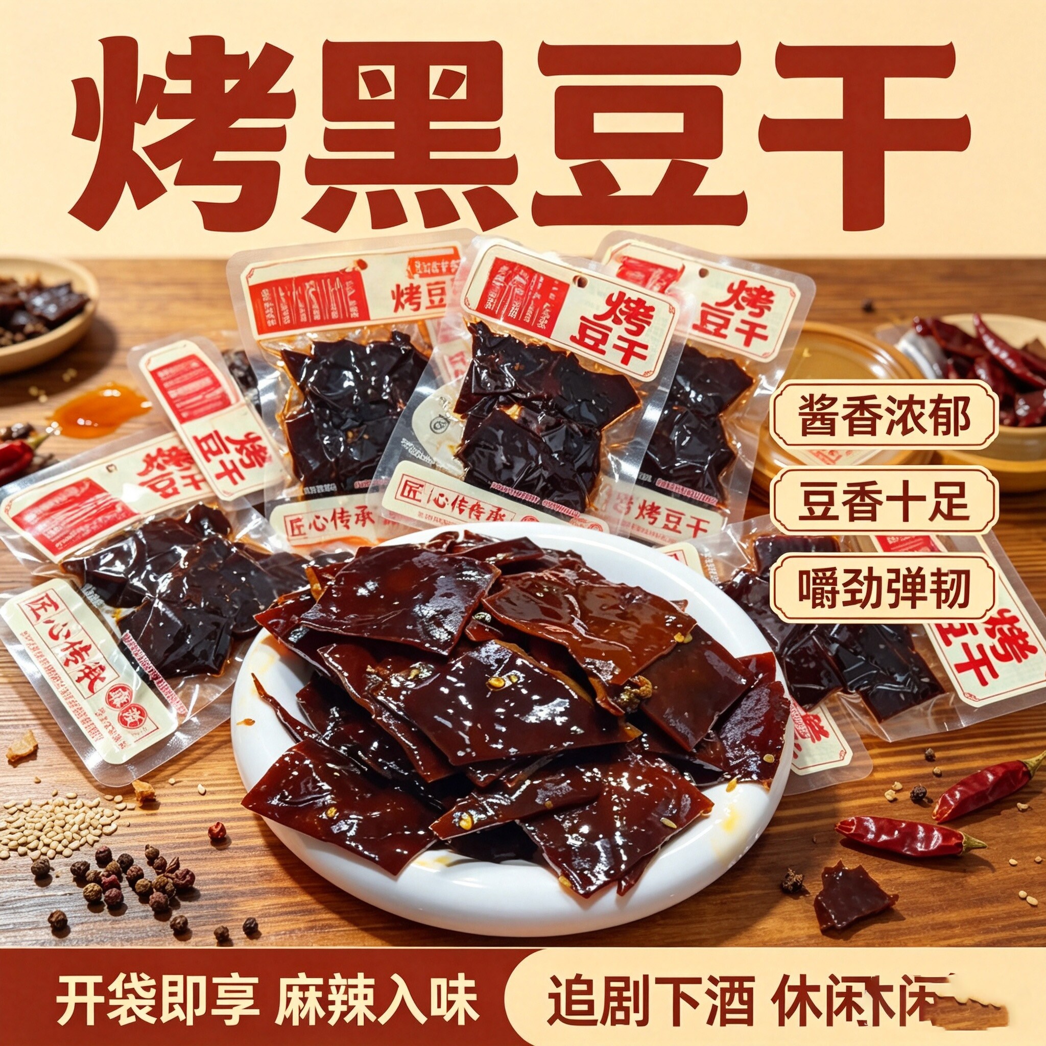 无烟鲜烤黑豆干麻辣冷吃即食烤方块香干下酒零食牛皮豆干