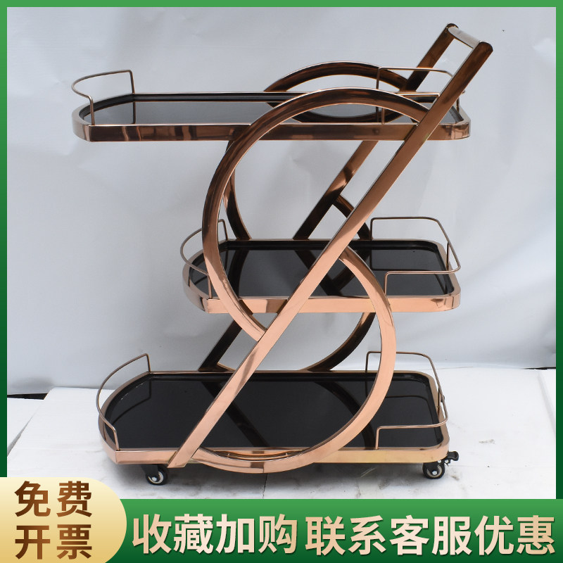 欧式不锈钢三层酒水车玻璃酒店大堂甜品点心蛋糕送餐豪华移动推车