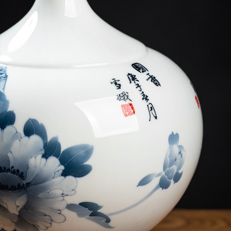 中式陶瓷手绘牡丹花瓶 东方泥土风客厅电视柜摆件 创意赏瓶居家装