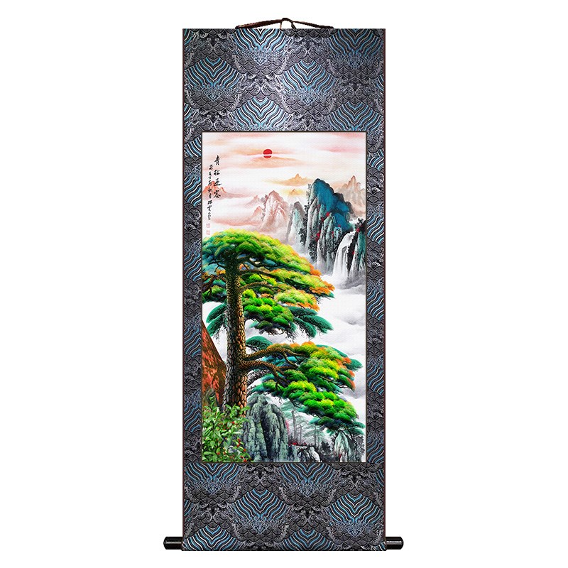 迎客松国画新中式宋锦卷轴挂画玄关过道装饰画客厅书房餐厅墙壁画