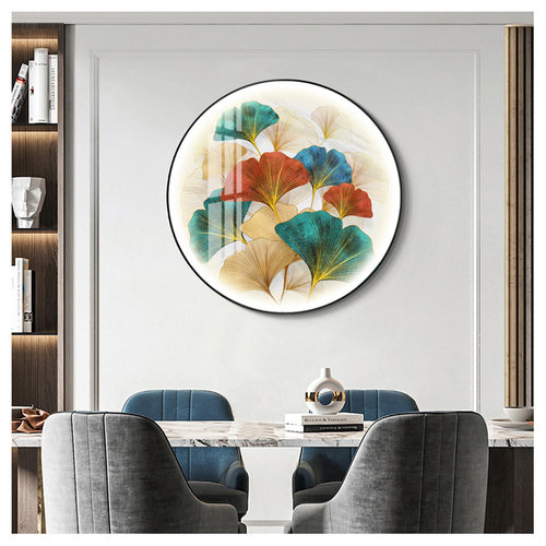 轻奢玄关银杏叶带灯装饰画餐厅走廊高端晶瓷画 圆形LED发光镶钻画
