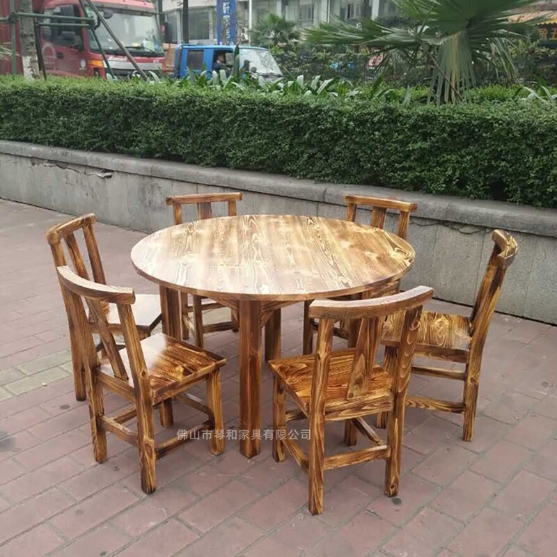 复古中式实木碳化木圆桌椅火锅店饭店酒店小吃店面店火烧木餐桌椅
