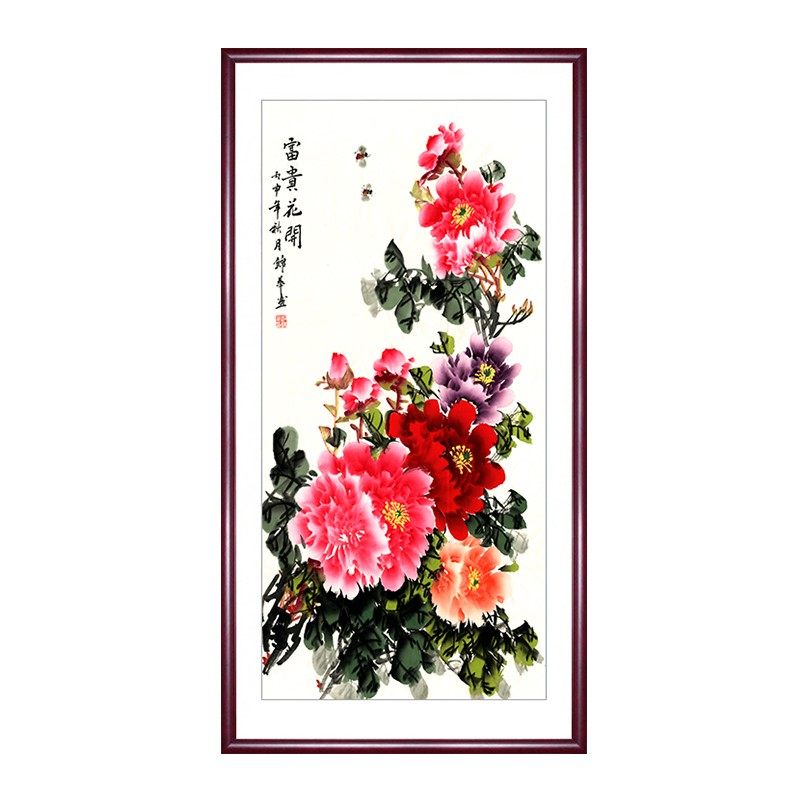 竖版牡丹挂画 实木框中式风格 花鸟装饰画新中式设计