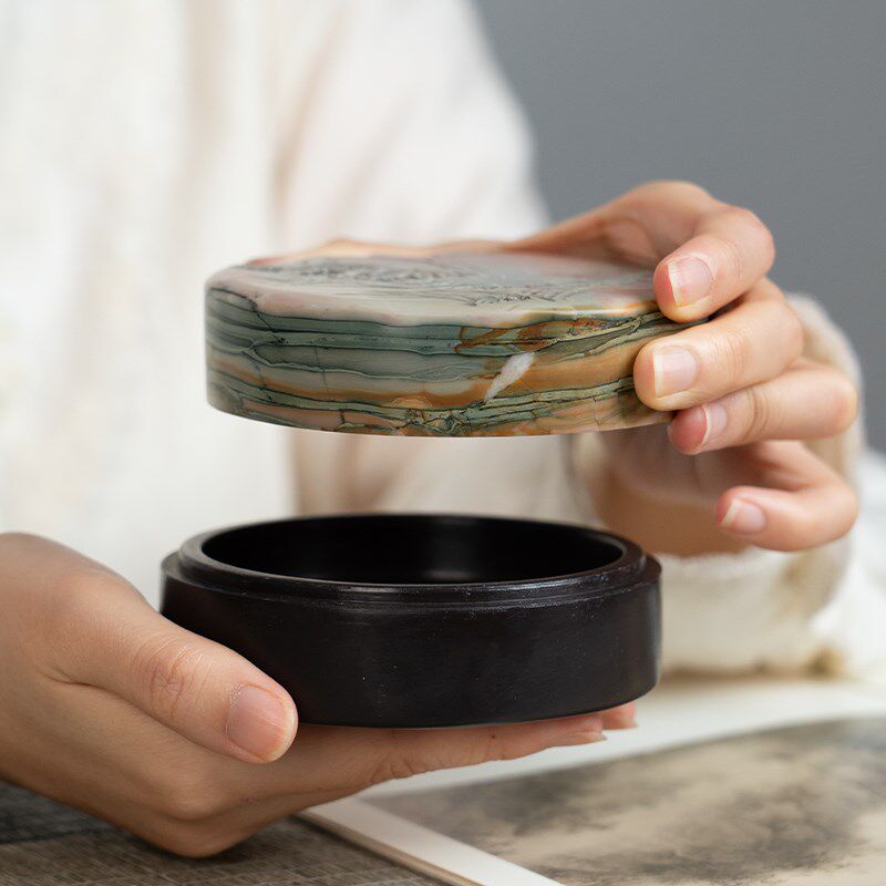 张小凤苴却砚带盖碗砚可研墨原石大师手作天然原石攀枝花墨条手工