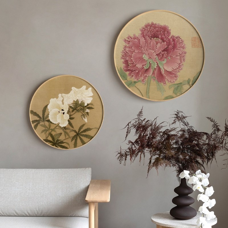 网红新中式进门框过道玄关客厅装饰画圆形实木入户花卉挂画荷花图