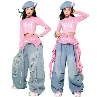 2026新款女童jazz粉色爵士舞服装牛仔裤子少儿练功服套装儿童
