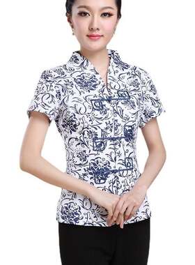 2026新款青花瓷唐装夏季短袖衬衫短袖上衣女士唐装短袖夏装开身上