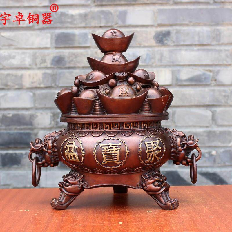 宇卓铜器 纯铜聚宝盆工艺品摆饰黄铜元宝聚宝盆三足聚宝盆