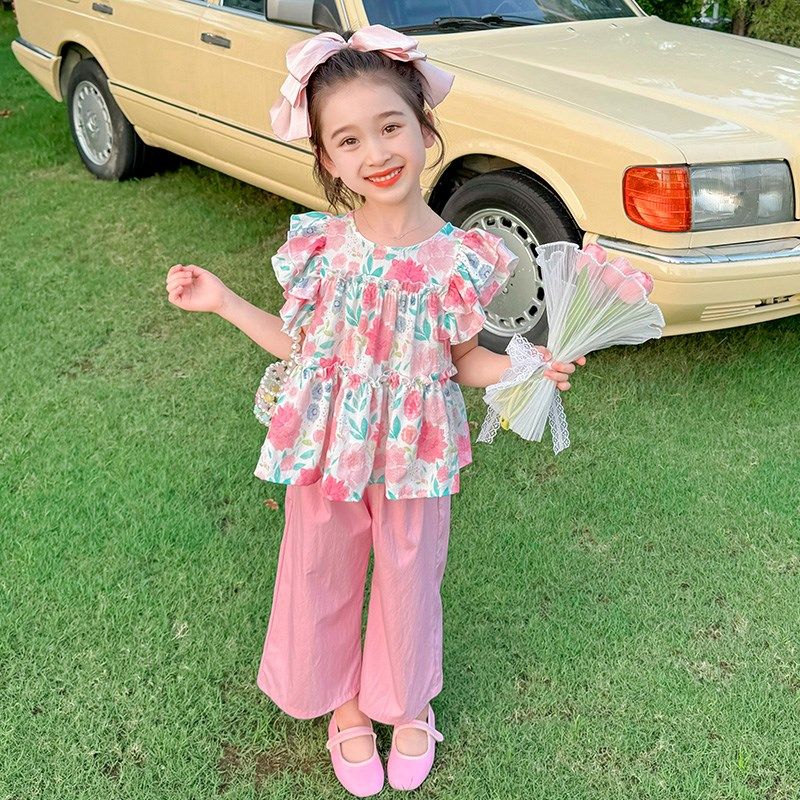 女童夏季粉色碎花套装儿童洋气裤子2024新款女宝宝时髦两件套夏装