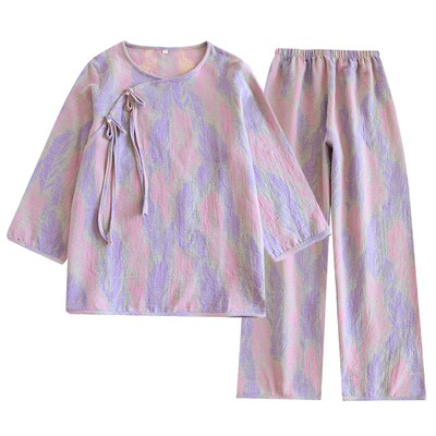 复古盘扣夏季女睡衣春秋纯棉纱布提花中国风古典长袖宽松家居服套