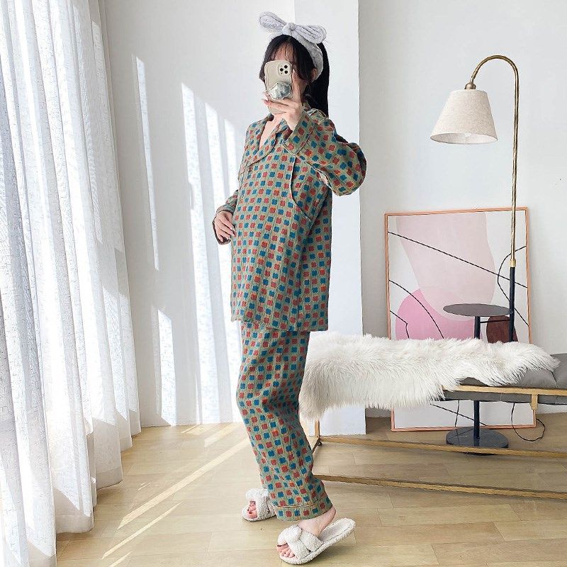 孕妇睡衣不勒肚春秋纯棉可调节哺乳棉纱家居月子服大码200斤春夏