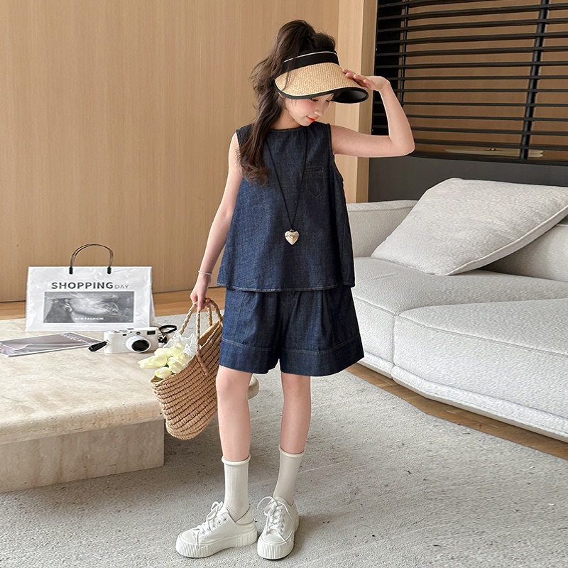 女童套装夏季2024新款儿童洋气无袖上衣女大童夏装宽松短裤两件套