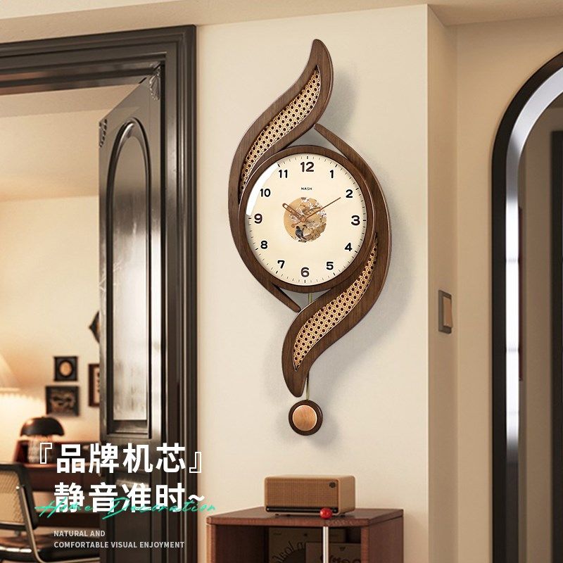 实木中古风钟表挂钟客厅2024新款轻奢高级感创意餐厅装饰时钟挂墙