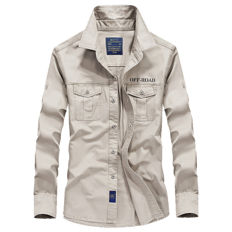 2022春季男士休闲纯棉长袖衬衫青年大码宽松双袋百搭工装衬衫薄款