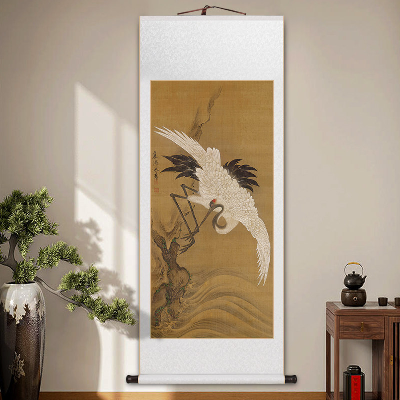 白鹤图名家卷轴挂画仙鹤国画新中式客厅装饰画书房茶室玄关壁画
