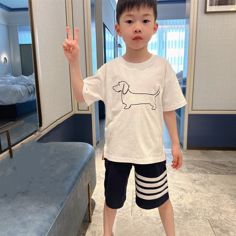 兄妹装儿童夏季男女童小中大简约白色狗狗短袖T恤短裤百褶裙子