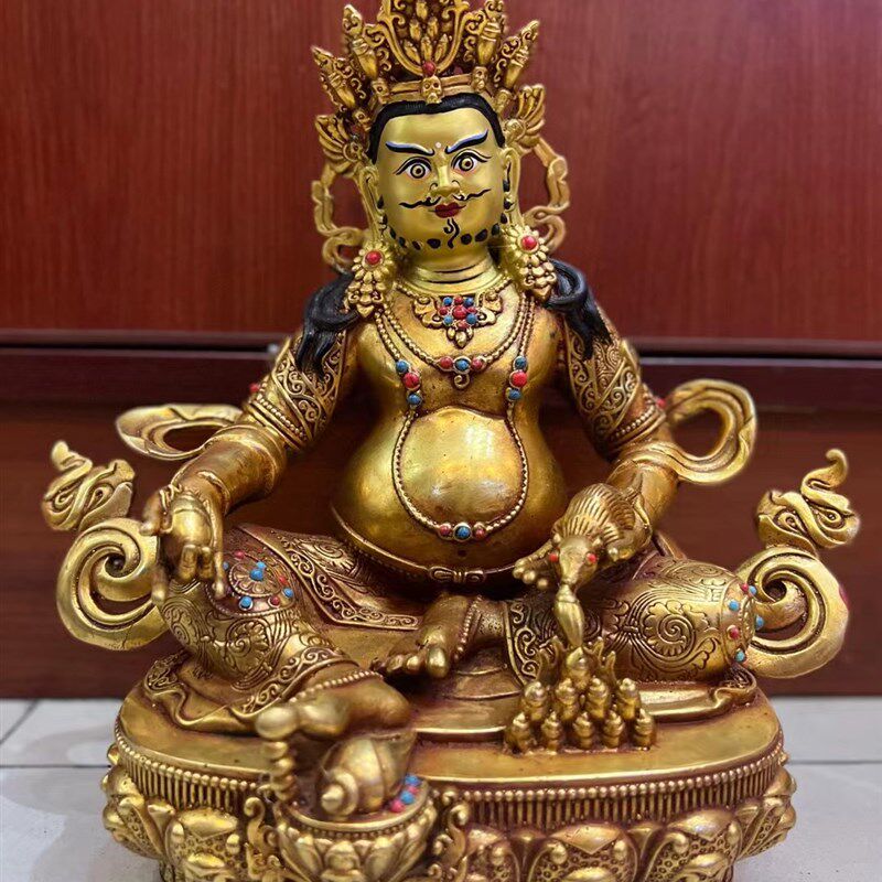 西藏密宗黄财神佛像居家供奉家用招财藏传摆件纯铜鎏金铜像神像