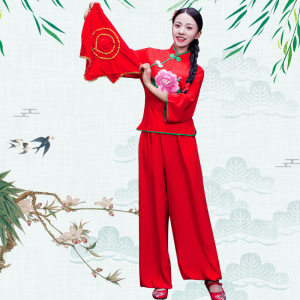 新款秧歌服民族舞蹈服陕北腰鼓舞扇子舞蹈演出服红色秧歌舞套装