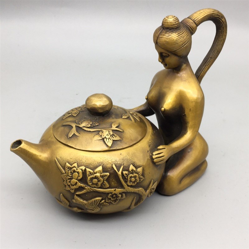收藏复古纯铜美女壶摆件西施壶酒壶茶壶家居客厅办饰礼品茶宠装饰