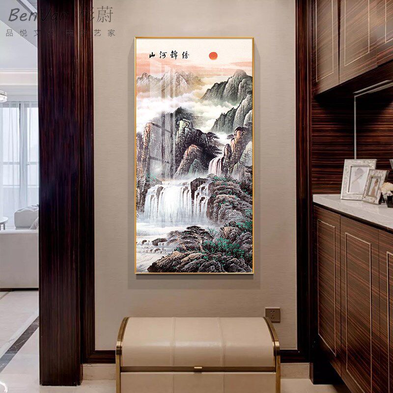 网红迎客松壁画入户装饰画新中式过道玄关走廊挂画入户画竖版山水