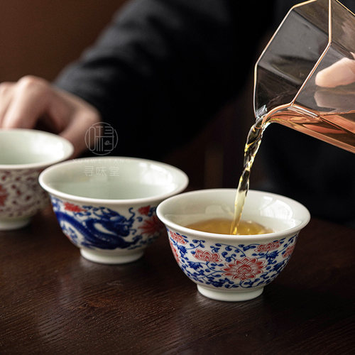 青花釉里红品茗杯缠枝莲龙凤杯复古风釉下彩茶杯主人杯陶瓷茶具