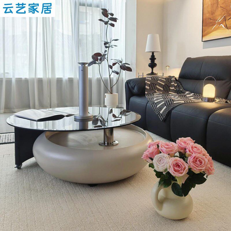 云艺奶油风旋转茶几客厅家用小户型创意圆形玻璃精致小圆茶几