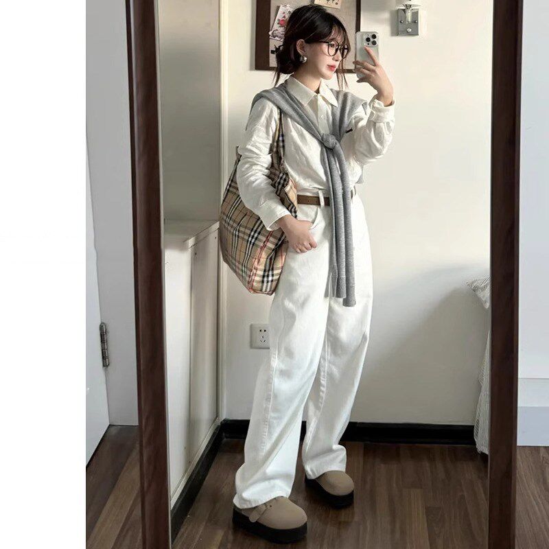 白色窄版阔腿牛仔裤女春秋2025新款高腰宽松垂感拖地小个子直筒裤