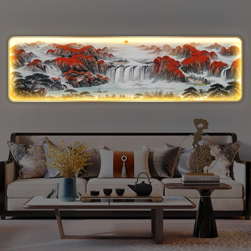 网红鸿运当头装饰画带灯新中式壁画床头发光挂画山水卧室沙发背景