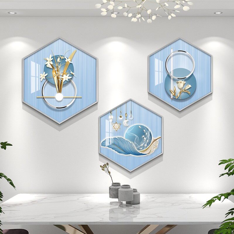 轻奢抽象餐厅装饰画高级感饭厅挂画卧室背景墙组合六边形大气壁画