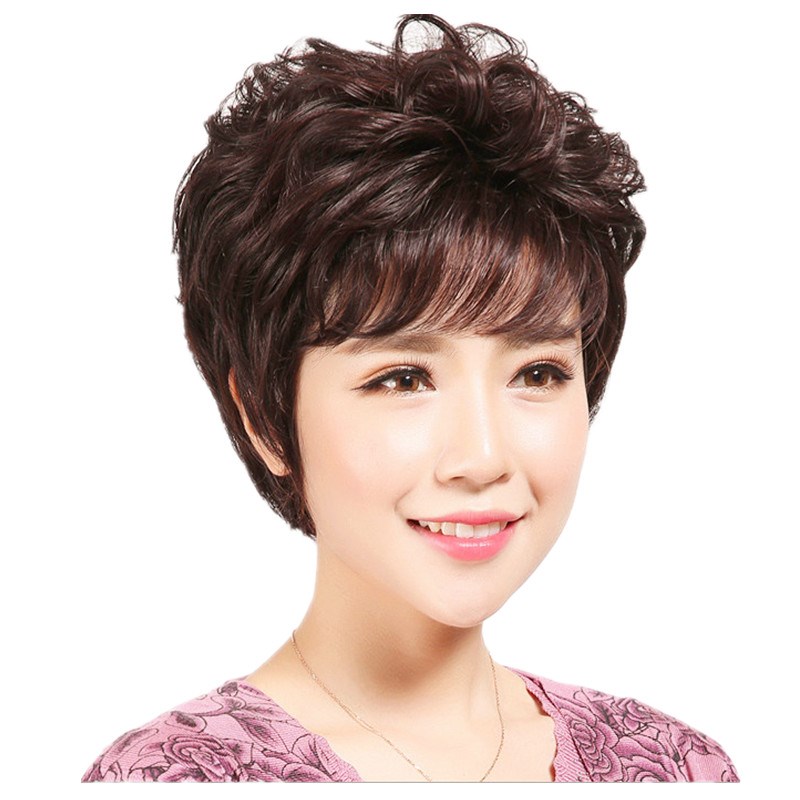 真发假发女短发中老年假发蓬松短卷发妈妈假发真人真发中年人婆婆