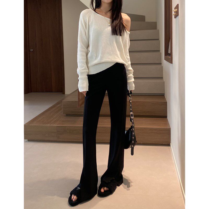 显瘦黑色裤子女春秋2025新款高腰开叉微喇西装裤休闲窄版阔腿长裤