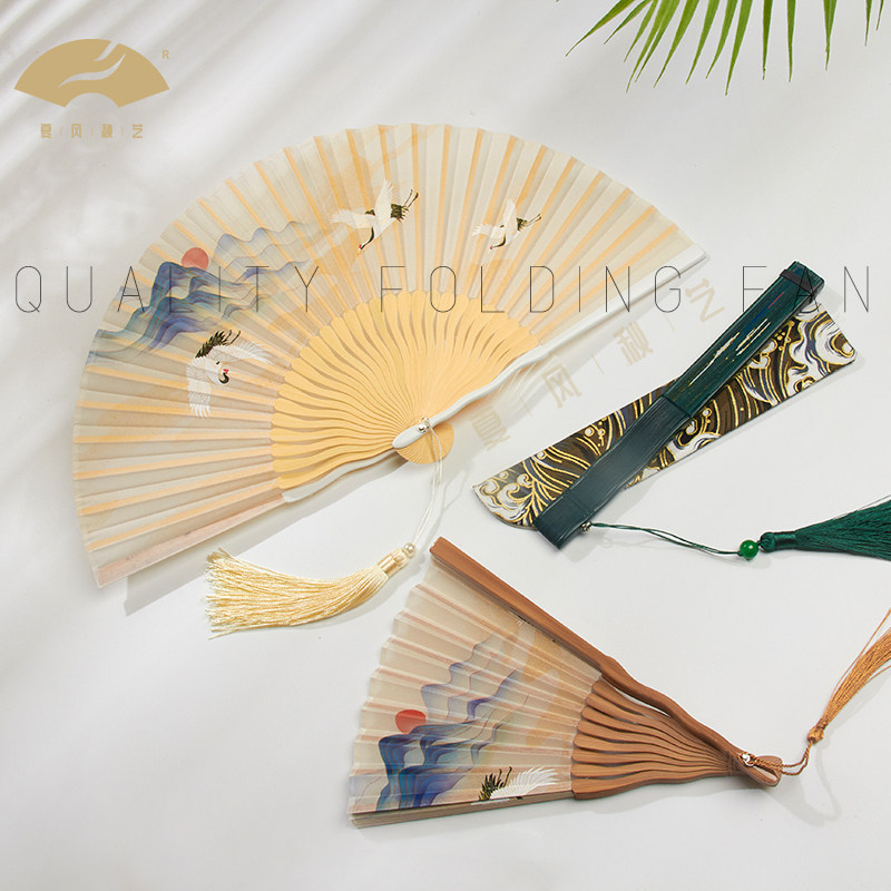 夏风秋艺中国古风7寸女扇折扇子汉服扇夏季便携小仙鹤祥云墨绿