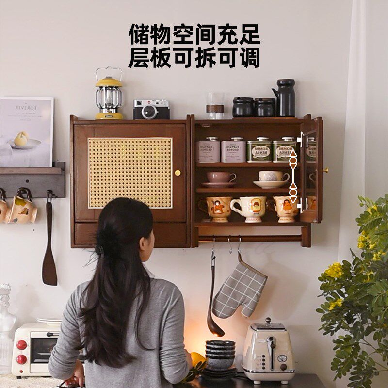 实木墙上置物架壁挂式餐边柜杯架墙壁储物柜家用客厅厨房小吊柜