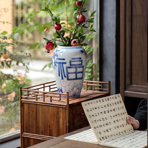 景德镇青花福字陶瓷花瓶摆件客厅插花新中式干花花瓶插花鲜花水养