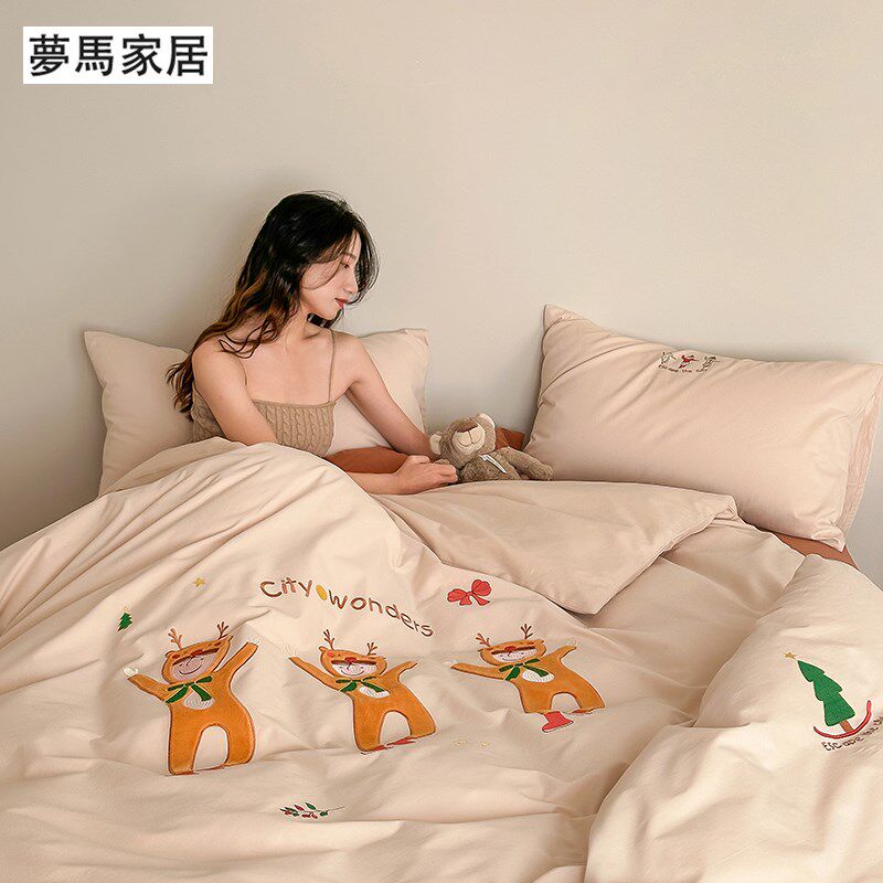 秋冬磨毛100s双股贡缎长绒棉卡通毛巾绣四件套婴儿棉保暖双人床品