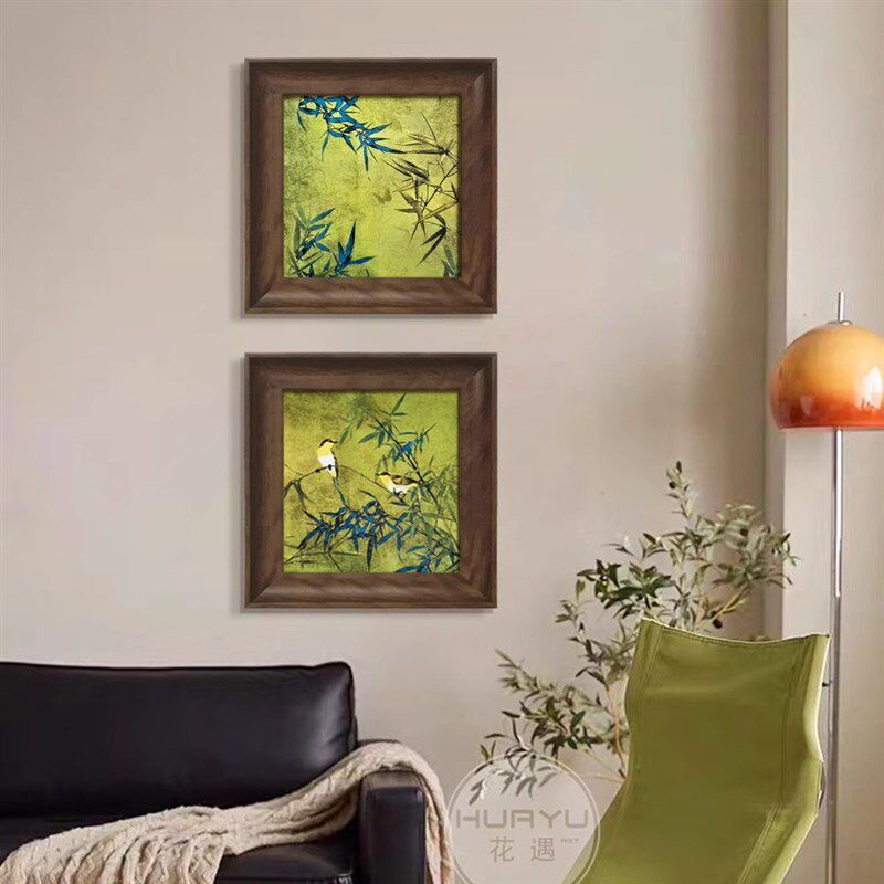 花鸟竹子新中式客厅装饰画绿色复古卧室床头高级感挂画中古风餐厅